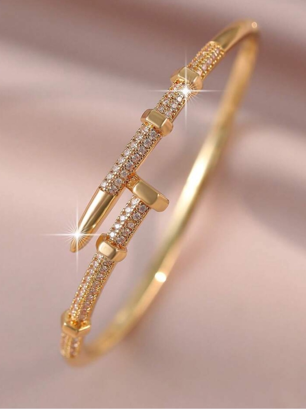 Yellow Gold Pave Nail-Style Bangle Bracelet new cubic zirconia new stack 1pc - Picture 4 of 5